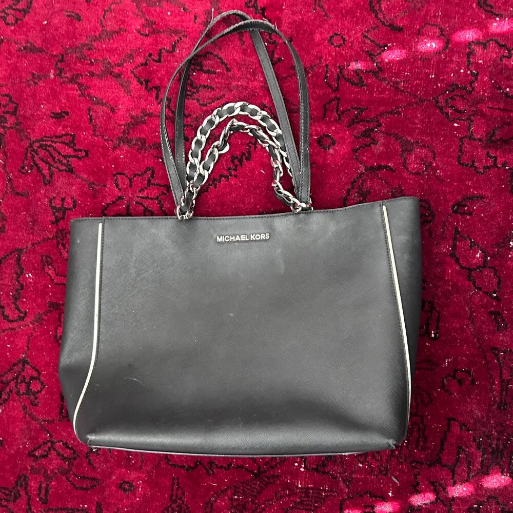 Michael Kors Black Saffiano Leather Handbag Tote Chain Handle